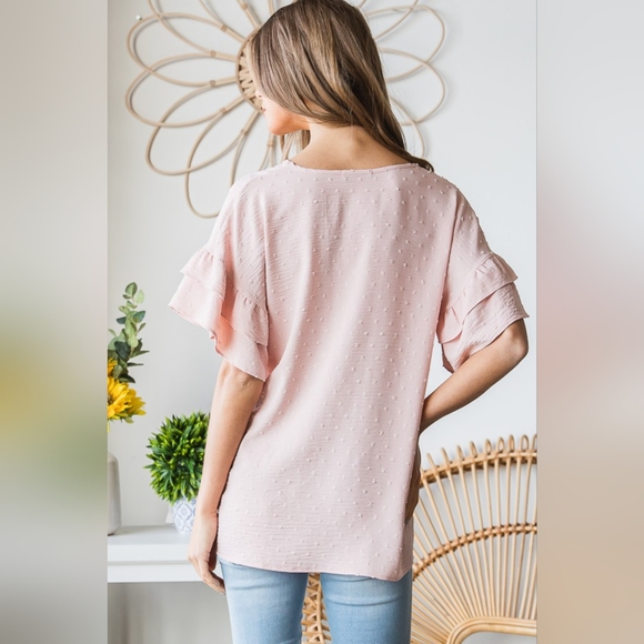 Heimish Full Size Swiss Dot Ruffle Short Sleeve Top - Picture 2 of 8